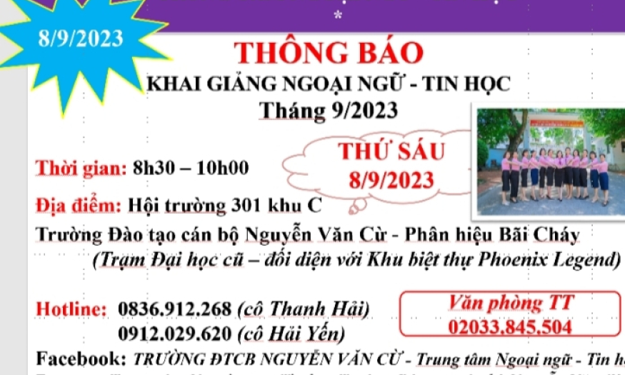 Trung tâm Ngoại ngữ - Tin học Trường Đào tạo cán bộ Nguyễn Văn Cừ tuyển sinh tháng 9