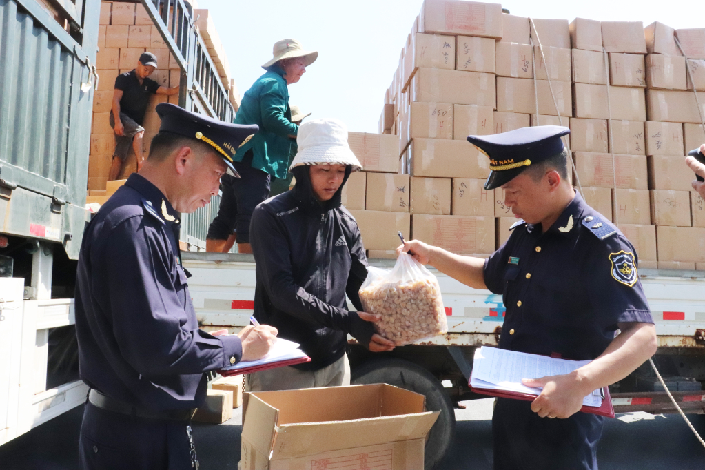 Lực lượng chức năng Chi cục Hải Quan Bắc Phong Sinh kiểm tra hàng hóa thực hiện XNK tại Cửa khẩu.