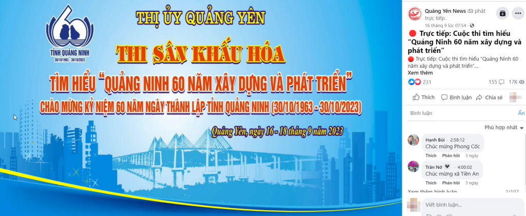 Cuộc thi tìm hiểu “Quảng Ninh 60 năm xây dựng và phát triển” do Thị ủy Quảng Yên tổ chức được livestream trực tiếp và thu hút hàng chục nghìn lượt xem