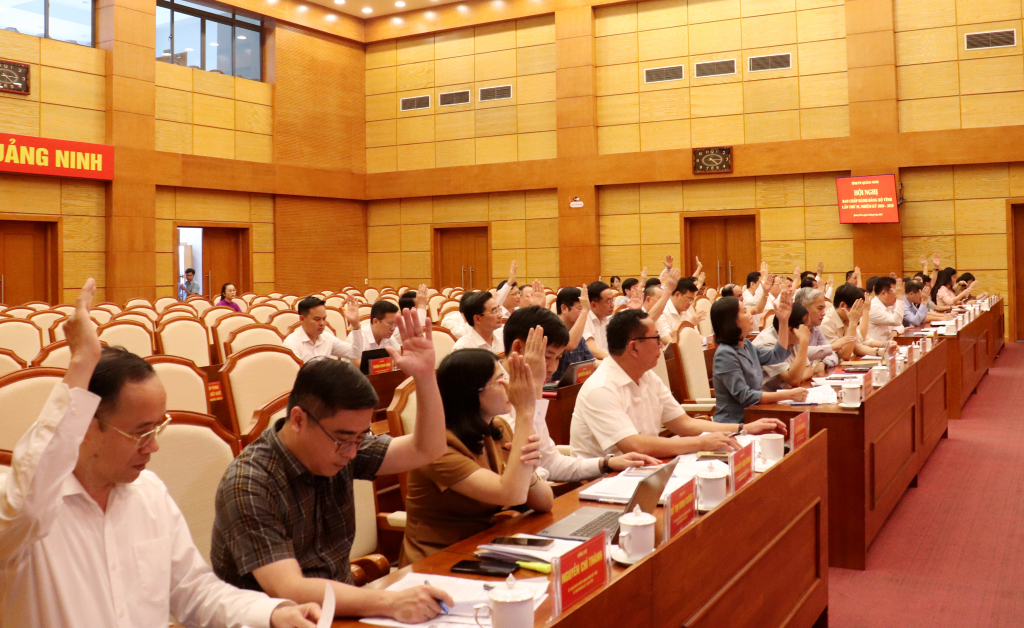 Các đại biểu biểu quyết thông qua nghị quyết hội nghị Ban Chấp hành Đảng bộ tỉnh lần thứ 39.