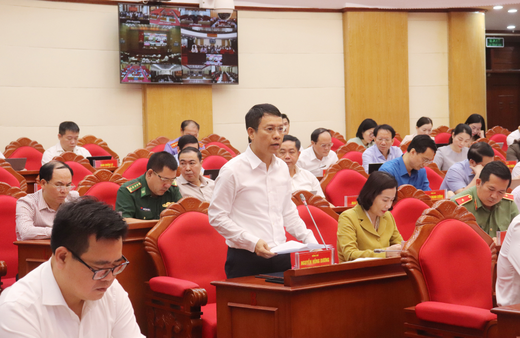Đồng chí Nguyễn Hồng Dương, Trưởng Ban Tuyên giáo Tỉnh ủy, phát biểu tham gia ý kiến tại hội nghị.