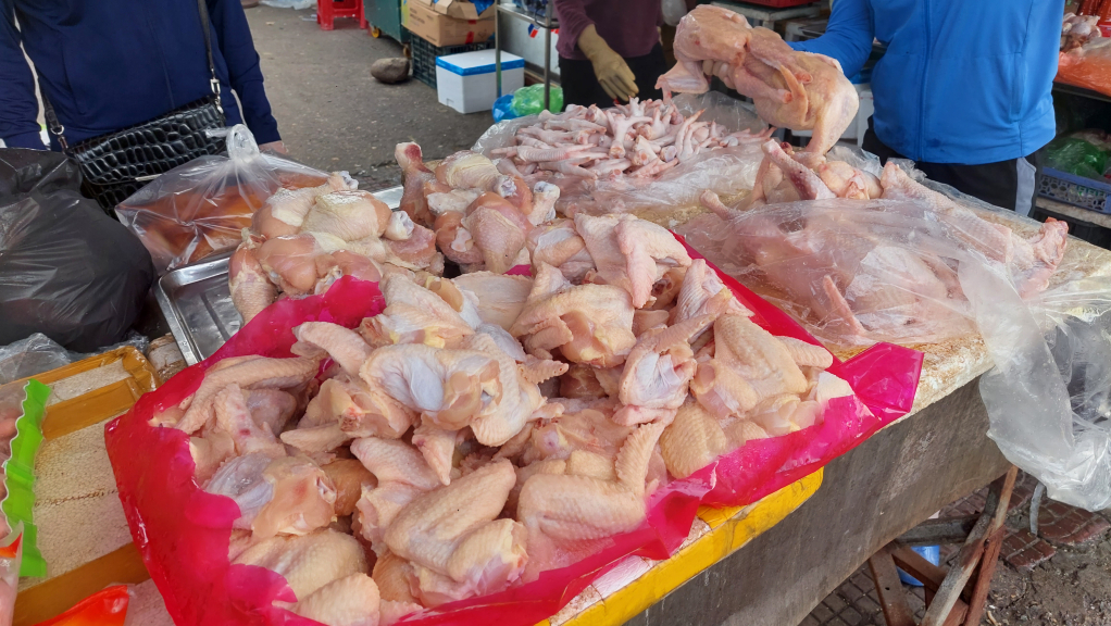 Thịt gà đông lạnh bày bán tại Chợ trung tâm Hải Hà 2
