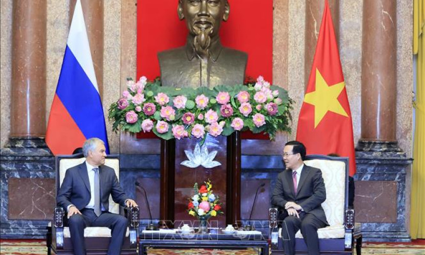 Chủ tịch nước Võ Văn Thưởng tiếp Chủ tịch Duma Quốc gia Quốc hội Liên bang Nga