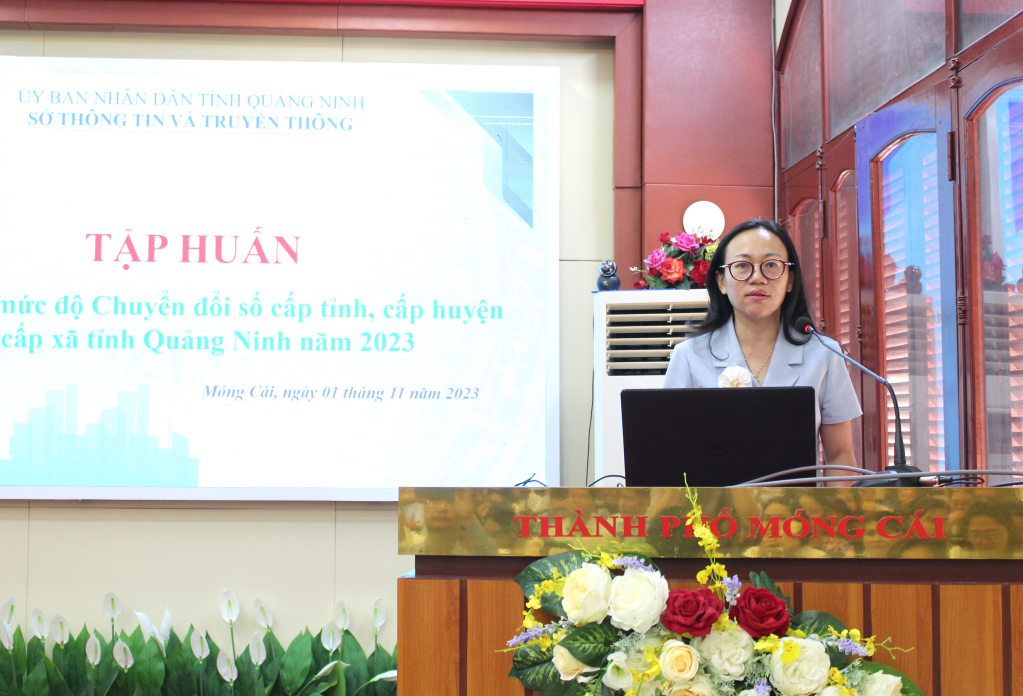 Đồng chí Lê Ngọc Hân, Giám đốc Sở Thông tin và Truyền thông tỉnh phát biểu tại lớp tập huấn.