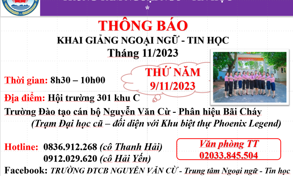 Trường Đào tạo cán bộ Nguyễn Văn Cừ - Trung tâm Ngoại ngữ - Tin học thông báo tuyển sinh tháng 11