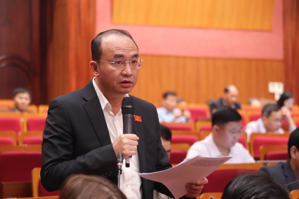 Đại biểu Lê Cao Long, Tổ đại biểu Cẩm Phả phát biểu tại hội trường.