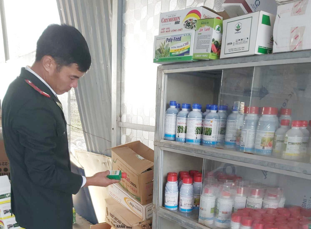 Cán bộ Chi cục Trồng trọt và Bảo vệ thực vật (Sở NN&PTNT) kiểm tra cửa hàng kinh doanh thuốc BVTV tại TX Quảng Yên.