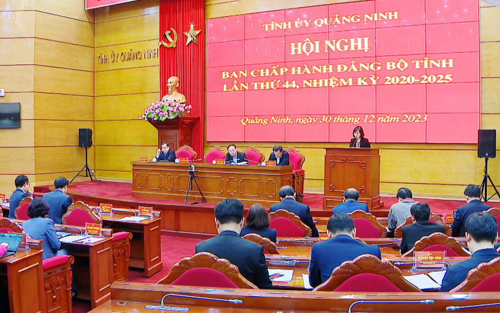 Đồng chí Trịnh Thị Minh Thanh, Phó Bí thư Thường trực Tỉnh ủy trình bày báo cáo tại hôi nghị.