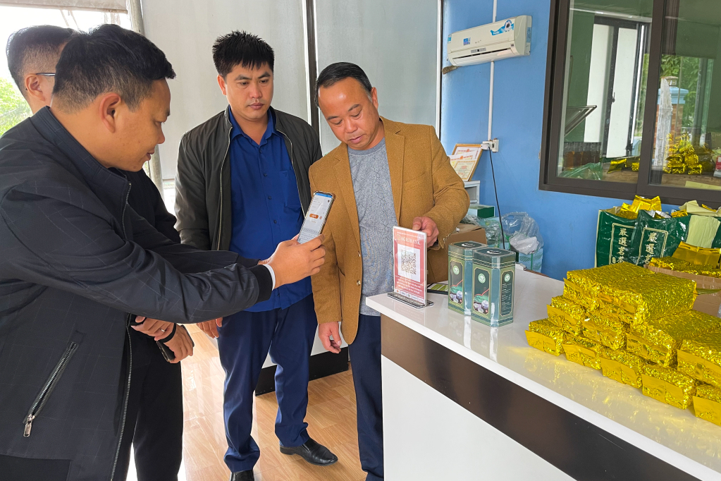 Cơ sở chế biến chè Dũng Nga (thôn 8, xã Quảng Long, huyện Hải Hà) đưa sản phẩm lên các sàn thương mại điện tử và sử dụng hình thức thanh toán bằng mã QR. Ảnh: Hoài Anh