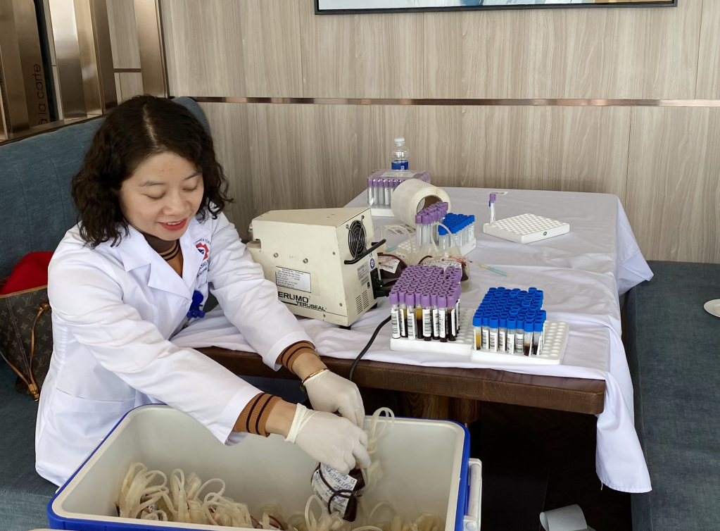 Bác sĩ Nguyễn Thị Mai Nga (Khoa Huyết học - Truyền máu, Bệnh viện Đa khoa tỉnh) sắp xếp túi máu được hiến đưa về trữ tại bệnh viện để phục vụ cứu chữa cho người bệnh.