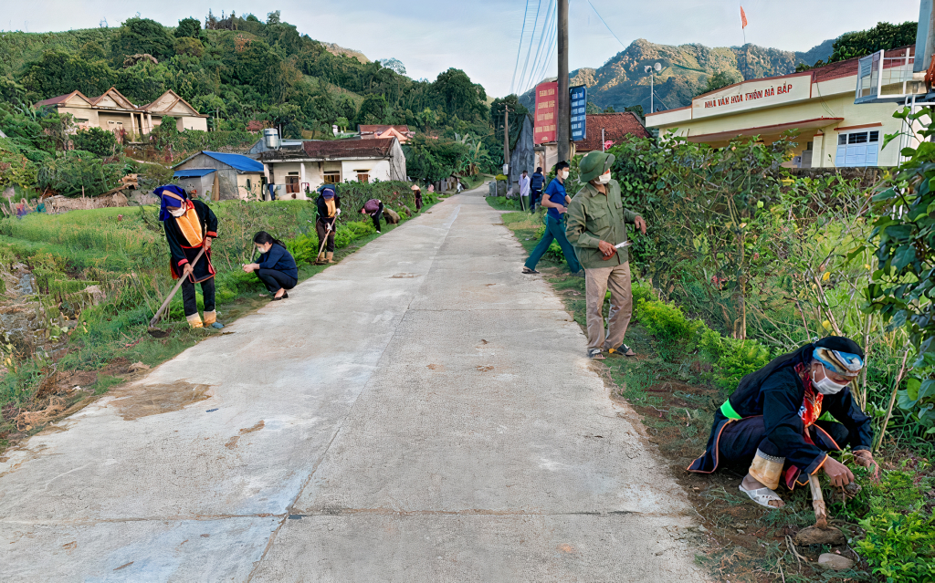 Hội viên phụ nữ thôn Nà Bắp (xã Đồn Đạc, huyện Ba Chẽ) chăm sóc tuyến đường hoa.