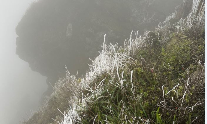 White frost covers Dong pagoda at the peak of Yen Tu Mountain