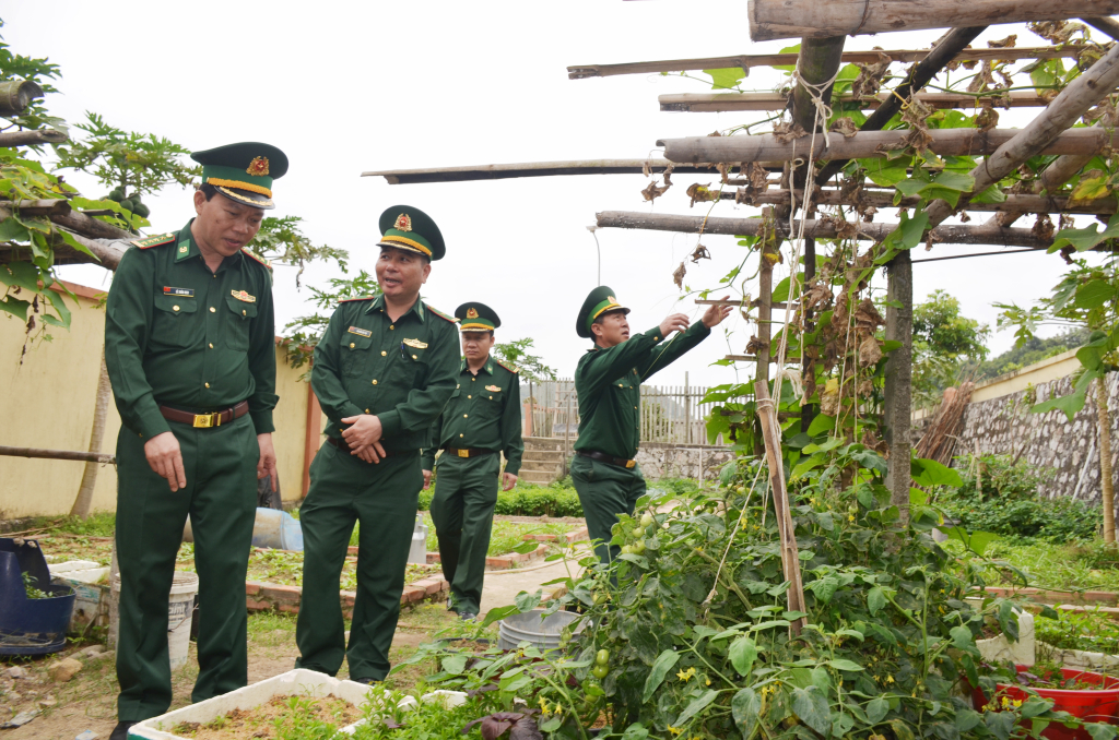 Đại tá Lê Xuân Men, Bí thư Đảng uỷ, Chính uỷ BĐBP tỉnh kiểm tra khu vực tăng gia, sản xuất tập trung của Đồn BP Thanh Lân.