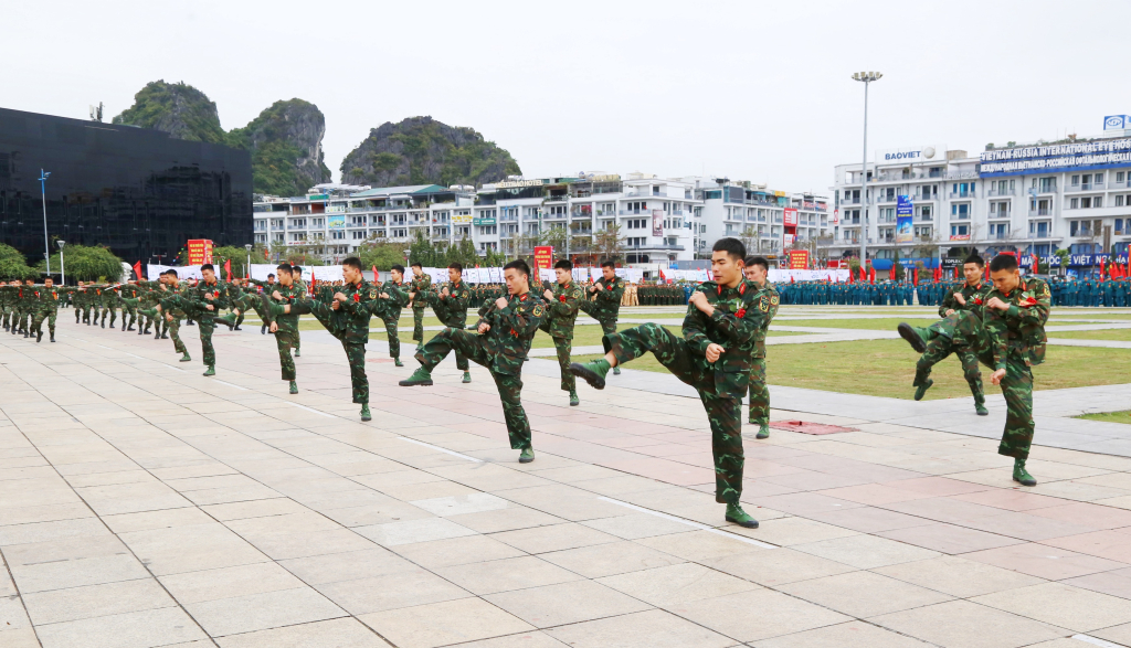 Màn biểu diễn võ thuật của lực lượng vũ trang tỉnh tại lễ ra quân huấn luyện.