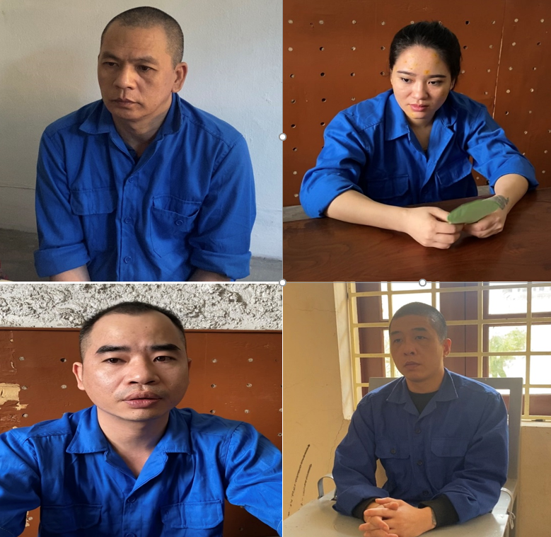 Các đối tượng Trần Văn Quý, Trần Thị Kiều Huế, Vũ Văn Dương và Nguyễn Khắc Hà (Từ trái qua phải, từ trên xuống dưới).
