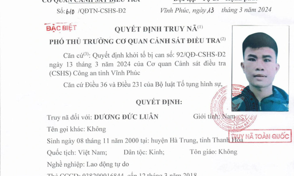 Truy nã đặc biệt kẻ cướp 1 tỉ đồng của người phụ nữ ở Vĩnh Phúc