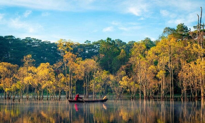 Suối Tía hồ Tuyền Lâm mùa lá vàng đẹp như tranh