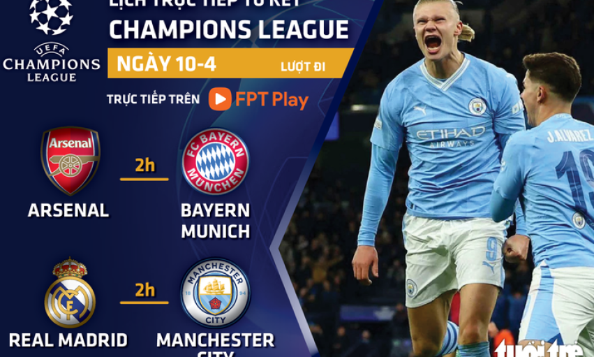 Lịch trực tiếp Champions League: Arsenal - Bayern, Real - Man City