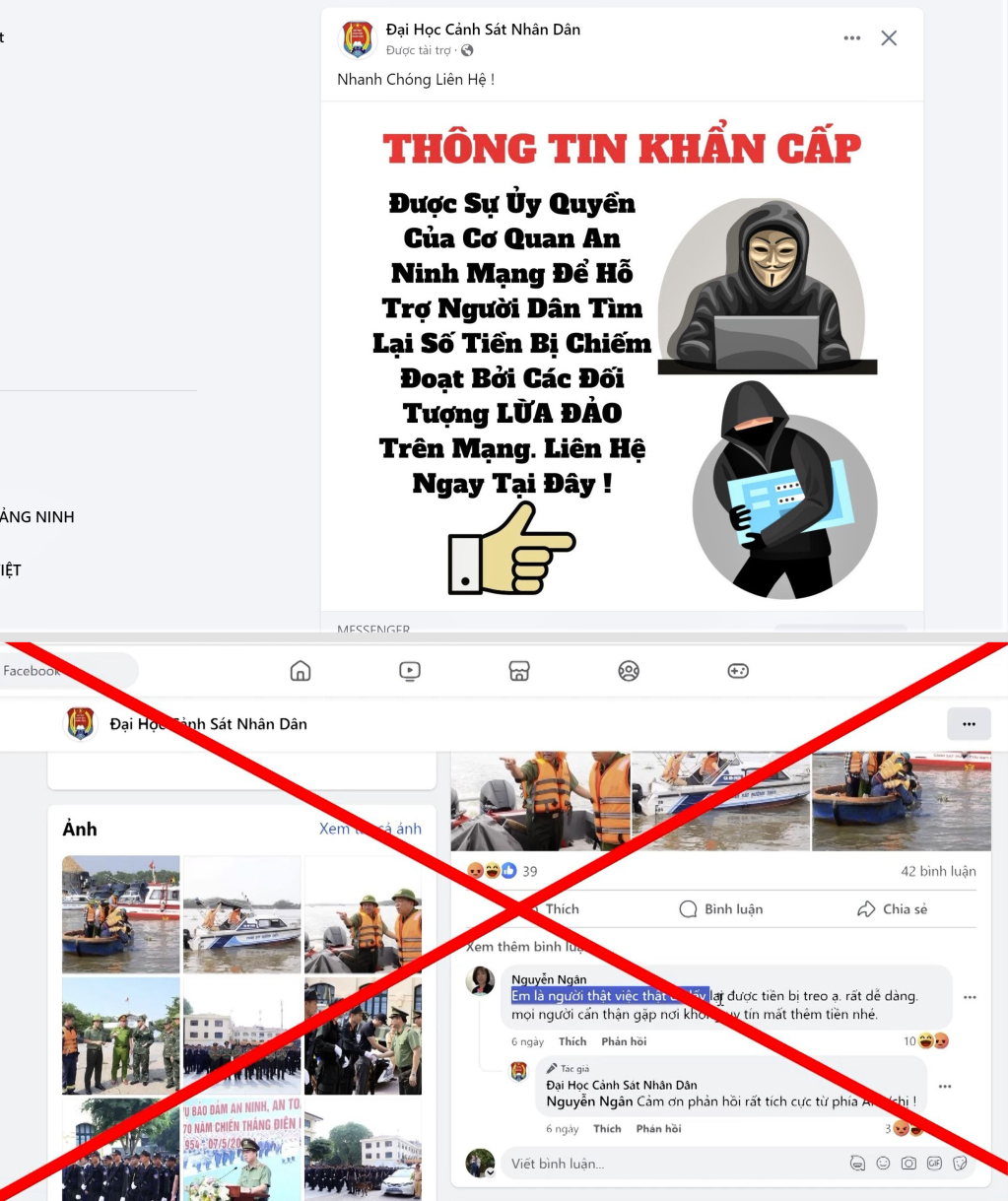 Một page trên mạng xã hội facebook mạo danh Đại học Cảnh sát Nhân dân chạy quảng cáo lừa đảo lấy lại tài sản đã bị chiếm đoạt.
