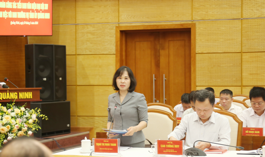 Đồng chí Trịnh Thị Minh Thanh, Phó Bí thư Thường trực Tỉnh ủy, phát biểu tại buổi làm việc.
