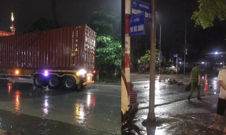 Xe container cuốn xe máy vào gầm trong đêm mưa, một phụ nữ tử vong