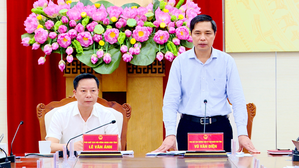 Đồng chí Vũ Văn Diện, Phó Chủ tịch Thường trực UBND tỉnh phát biểu tại Hội nghị. 