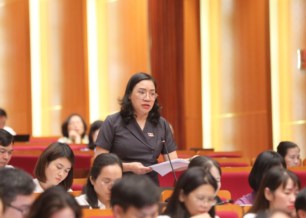 Đại biểu Bùi Thị Hải, Tổ Hạ Long chất vấn Phó Giám đốc Công an tỉnh.