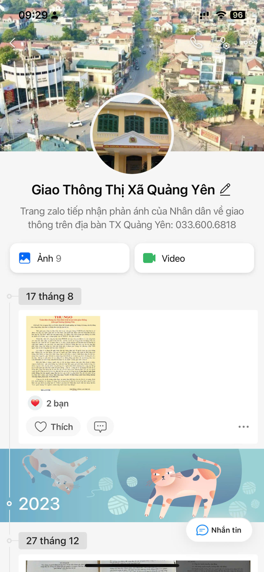 Trang zalo Giao thông Quảng Yên, một trong những địa chỉ để Công an Thị xã tiếp nhận tin báo từ nhân dân phản ánh vi phạm TTATGT trên địa bàn.