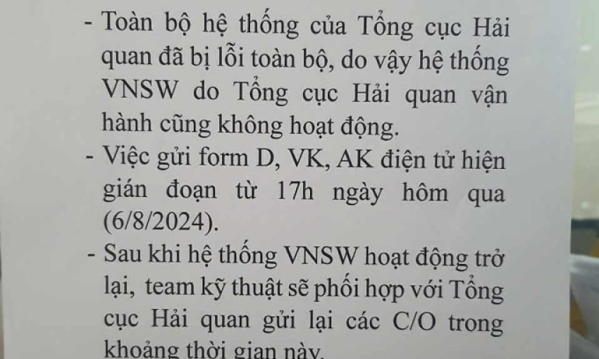 Hệ thống hải quan điện tử gián đoạn 16 giờ