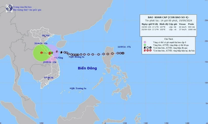 Đường đi của bão số 4 lúc 13 giờ ngày 19/9/2024. (Ảnh: TTXVN phát)