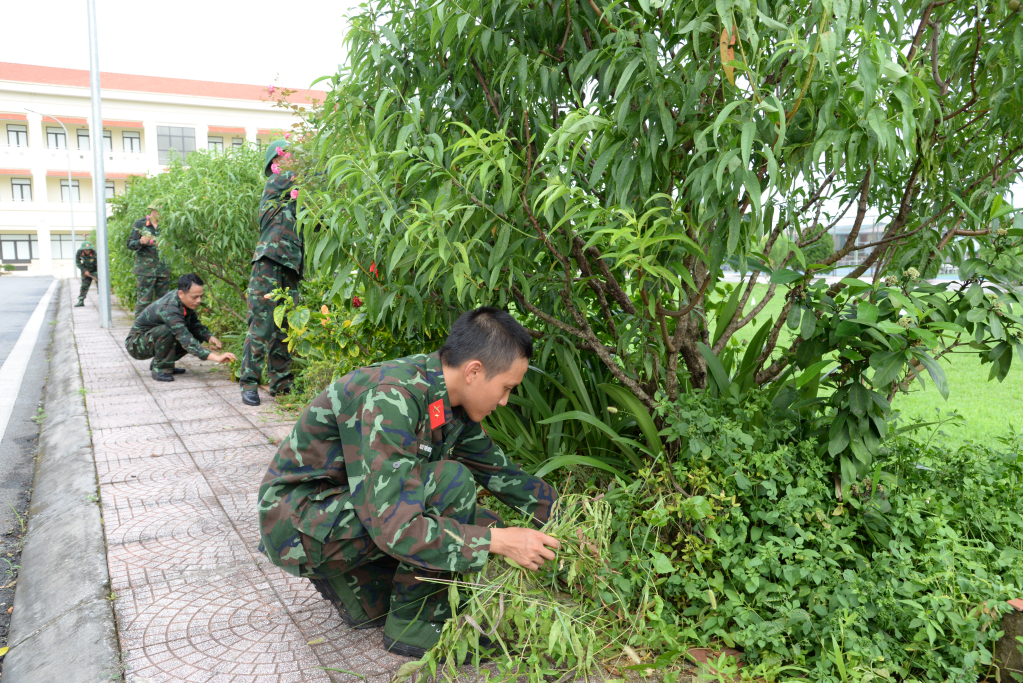 CBCS Ban CHQS TP Móng Cái chăm sóc vườn hoa, cây cảnh trong khuôn viên đơn vị.