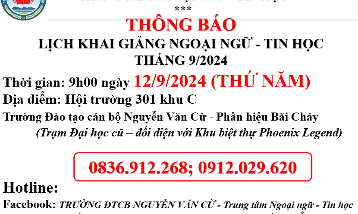 Trung tâm Ngoại ngữ - Tin học Trường Đào tạo cán bộ Nguyễn Văn Cừ khai giảng các lớp ngoại ngữ, tin học tháng 9/2024