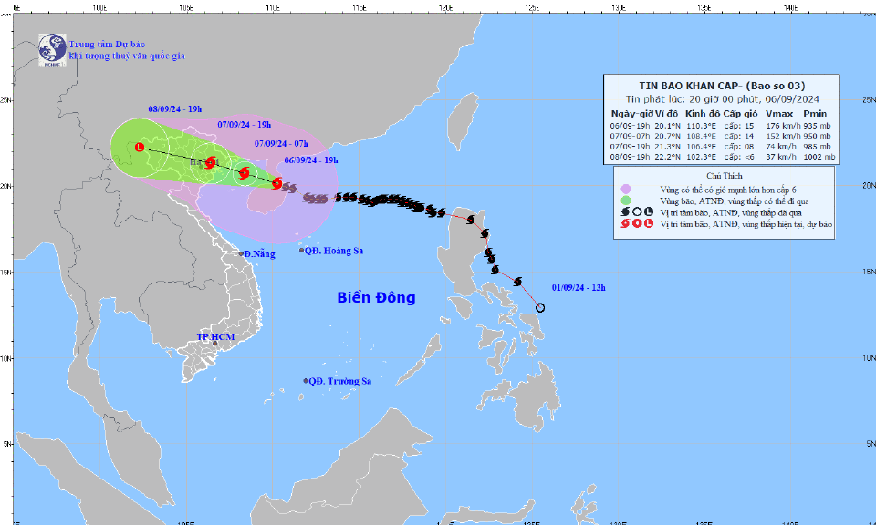 Siêu bão Yagi cách Quảng Ninh khoảng 360km về phía Đông Đông Nam