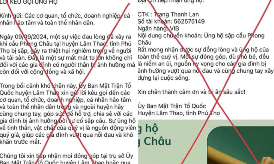 Xuất hiện fanpage lừa đảo kêu gọi quyên góp cho nạn nhân sập cầu Phong Châu