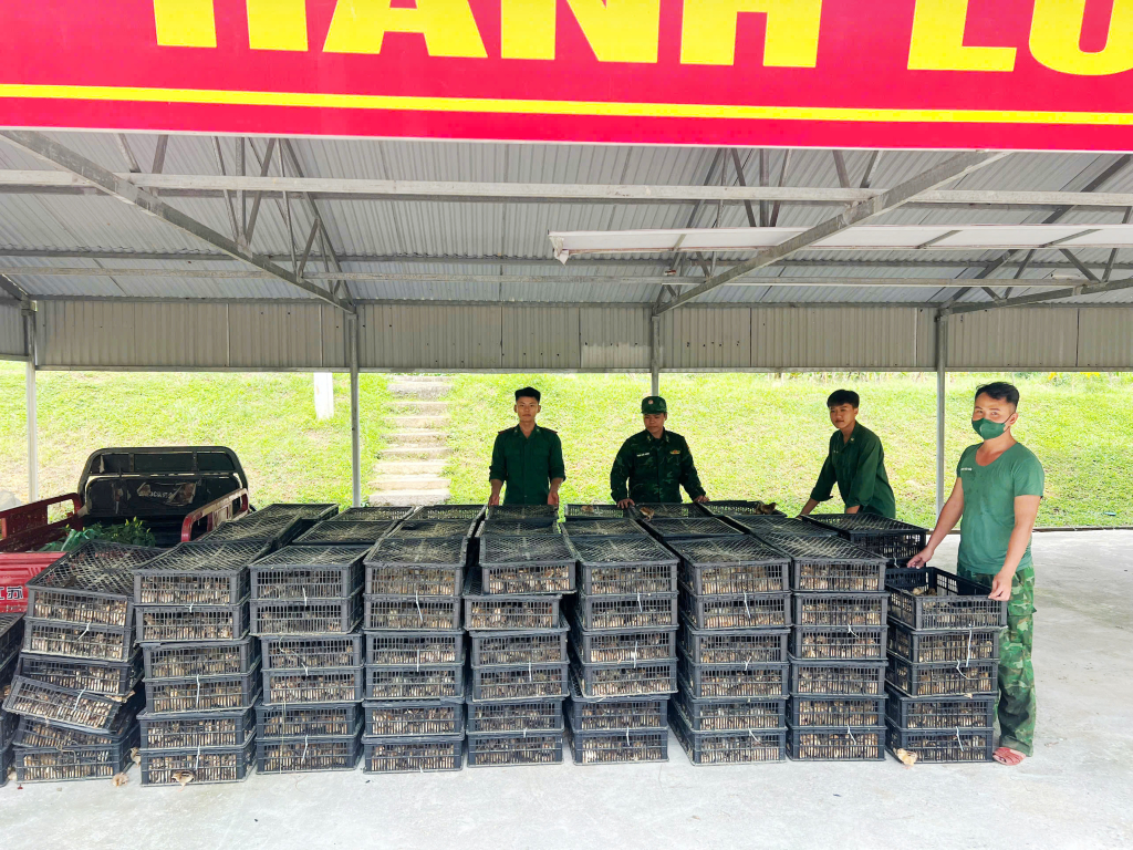 Cán bộ BĐBP cùng tang vật đơn vị thu giữ.          