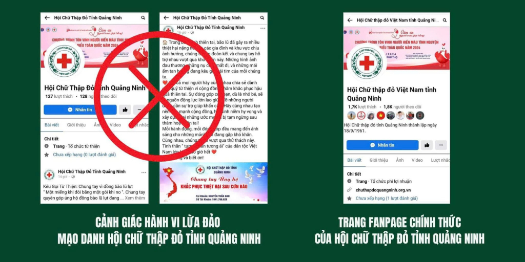 Cảnh báo Fanpage mạo danh Hội Chữ thập đỏ Quảng Ninh lừa đảo ủng hộ dân vùng bão