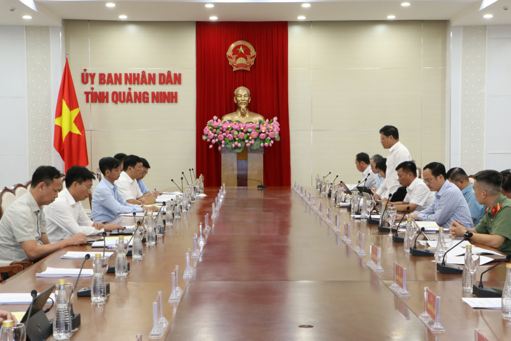 UBND tỉnh làm việc với Tổ công tác của Thanh tra Chính phủ về công tác quản lý khoáng sản làm vật liệu xây dựng vào tháng 7-/2024. Ảnh: Phạm Tăng