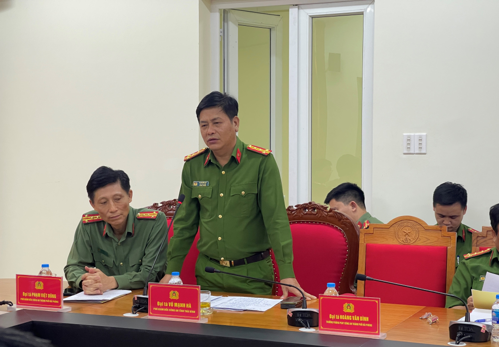 Đại tá Vũ Mạnh Hà PGĐ Công an tỉnh Thái Bình phát biểu tại Hội nghị.