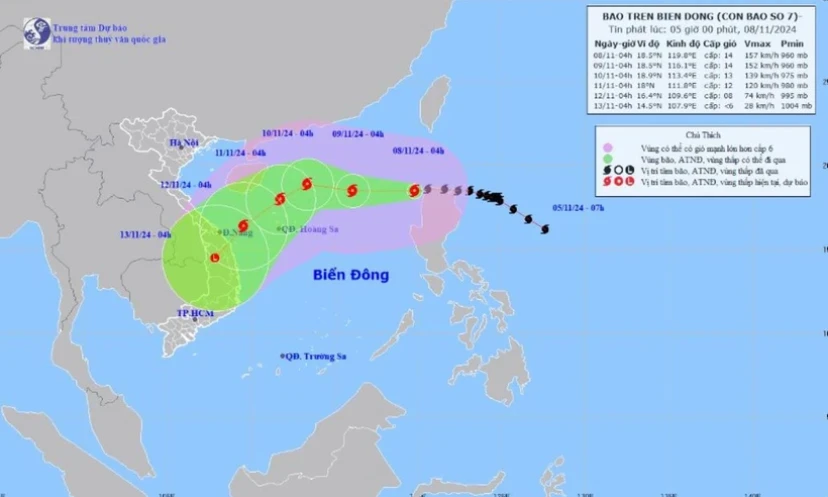 Thời tiết ngày 8/11: Bão Yinxing đang hướng vào Biển Đông với sức gió giật cấp 17