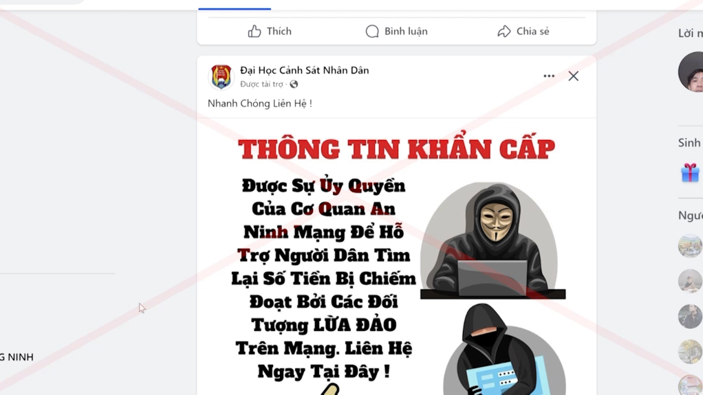 Một page mạo danh cơ quan chức năng, chạy quảng cáo lừa đảo hỗ trợ lấy lại tài sản trên facebook.