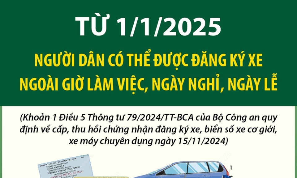 Có thể đăng ký xe ngoài giờ làm việc, ngày nghỉ, ngày lễ từ 1/1/2025