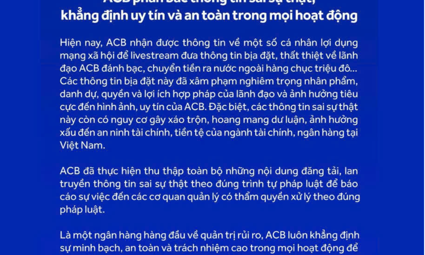 ACB phản bác thông tin ‘lãnh đạo ngân hàng đánh bạc hàng chục triệu USD"