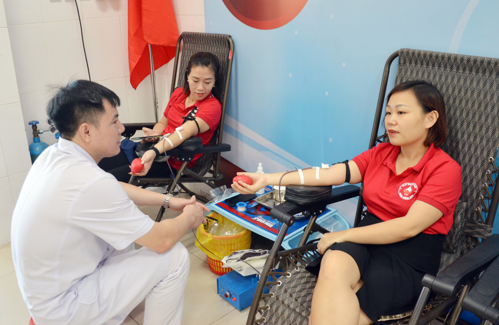 Các tình nguyện viên của CLB Ngân hàng máu sống 24h tham gia hiến máu tại Điểm hiến máu chữ thập đỏ ở Bệnh viện Bãi Cháy.
