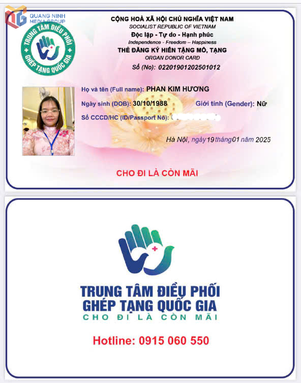 Trung tâm điều phối ghép tạng Quốc gia cấp thẻ đăng ký hiến tặng mô, tạng trực tuyến cho chị Phan Kim Hương, Phó phòng điều dưỡng, Tổ trưởng Tổ tư vấn viên vận động hiến tặng mô, tạng sau chết/ chết não tại Bệnh viện Đa khoa tỉnh Quảng Ninh.