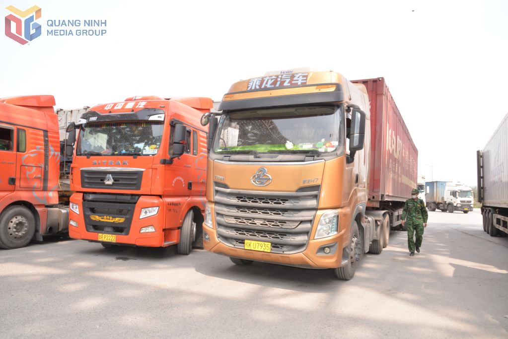 Cán bộ Trạm biên phòng Cửa khẩu Quốc tế Móng Cái kiểm tra phương hiện nhập cảnh qua cầu Bắc Luân II.