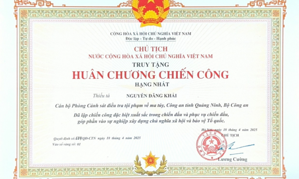 Truy tặng Huân chương Chiến công hạng Nhất và cấp Bằng "Tổ quốc ghi công" cho Thiếu tá, liệt sĩ Nguyễn Đăng Khải