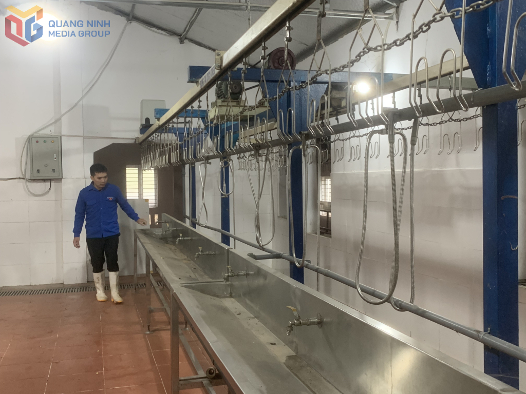 Anh Trần Đăng Hạnh đang tiến hành kiểm tra hệ thống làm gà và hút chân không của HTX Chăn nuôi và Tiêu thụ gà Tiên Yên.