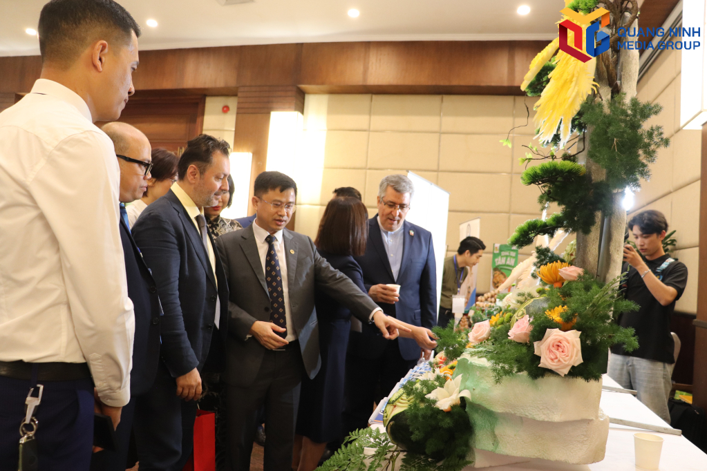 Các đại biểu tham quan gian hàng của trường Đại học Hạ Long tại hội thảo.