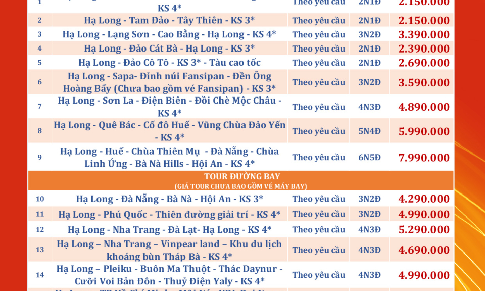 Bộ sản phẩm tour khách đoàn