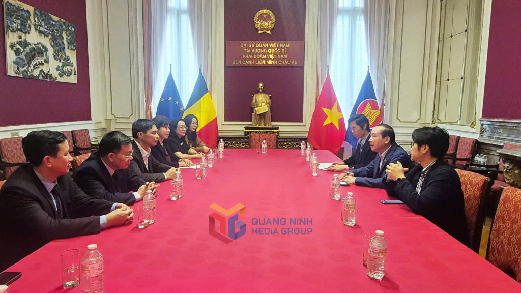 Quang cảnh buổi làm việc của Đoàn đại biểu tỉnh Quảng Ninh do đồng chí Vũ Văn Diện, Phó Chủ tịch Thường trực UBND tỉnh làm trưởng đoàn làm việc với đồng chí Nguyễn Văn Thảo, Đại sứ Việt Nam tại Vương quốc Bỉ, kiêm Đại Công quốc Lúc-xăm-bua, Trưởng Phái đoàn Việt Nam tại Liên minh châu Âu.